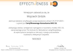 Certyfikat Konsultanta DISC D3 Wojciecha Strózika, Effectiveness i PeopleKeys, 2023
