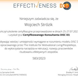 Certyfikat Konsultanta DISC D3 Wojciecha Strózika, Effectiveness i PeopleKeys, 2023