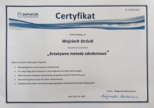 Certyfikat Wojciecha Strózika z warsztatu Kreatywne metody szkoleniowe, Zaplecze Rozwojowe, 2025