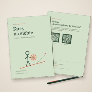 Kurs na siebie: okładka zeszytu A5 i tylna okładka z kodami QR do podcastu