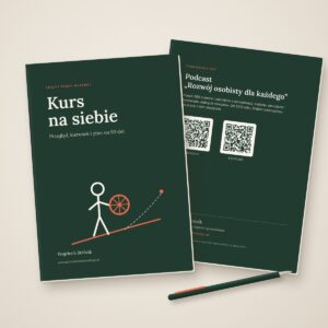 Kurs na siebie: okładka zeszytu A5 i tylna okładka z kodami QR do podcastu