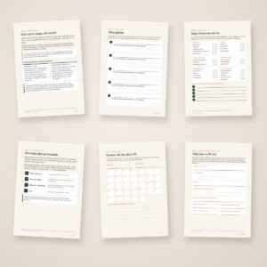 Przykładowe strony zeszytu: teoria i ćwiczenia, WOOP, tracker nawyku, plan 90 dni