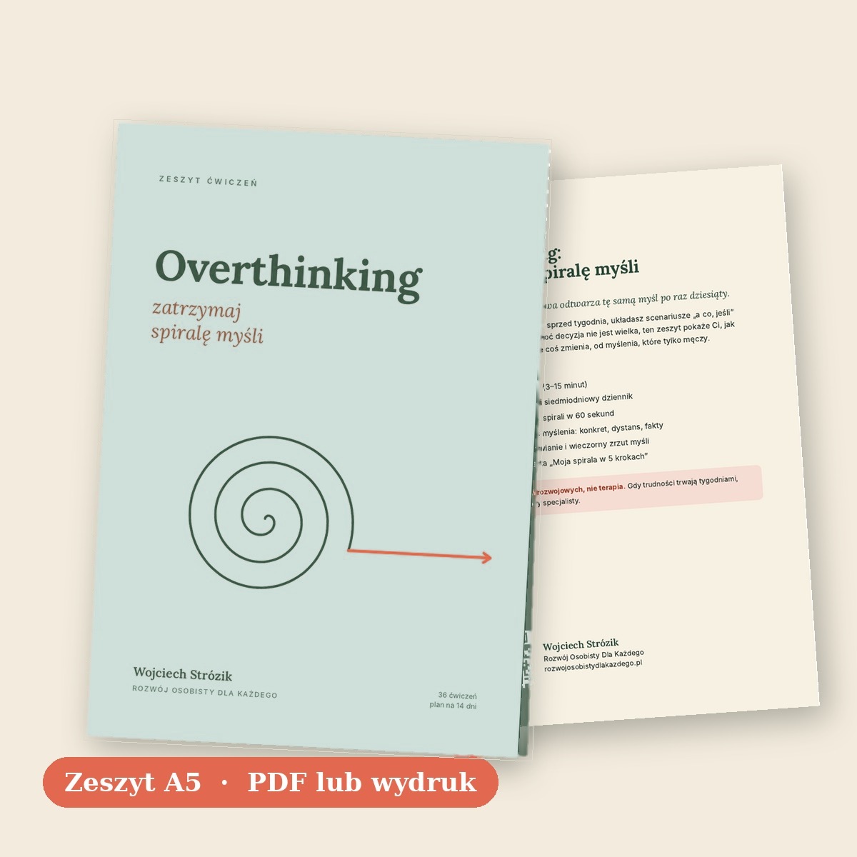 Okładka zeszytu ćwiczeń Overthinking: zatrzymaj spiralę myśli i tylna okładka