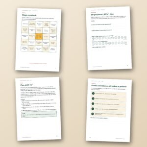 Zacznij nieidealnie – wybrane strony zeszytu: bingo wymówek, eksperyment 80%, plan jeśli–to, kartka ratunkowa