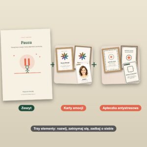 Trzy elementy zestawu: zeszyt Pauza, Karty emocji, Apteczka antystresowa
